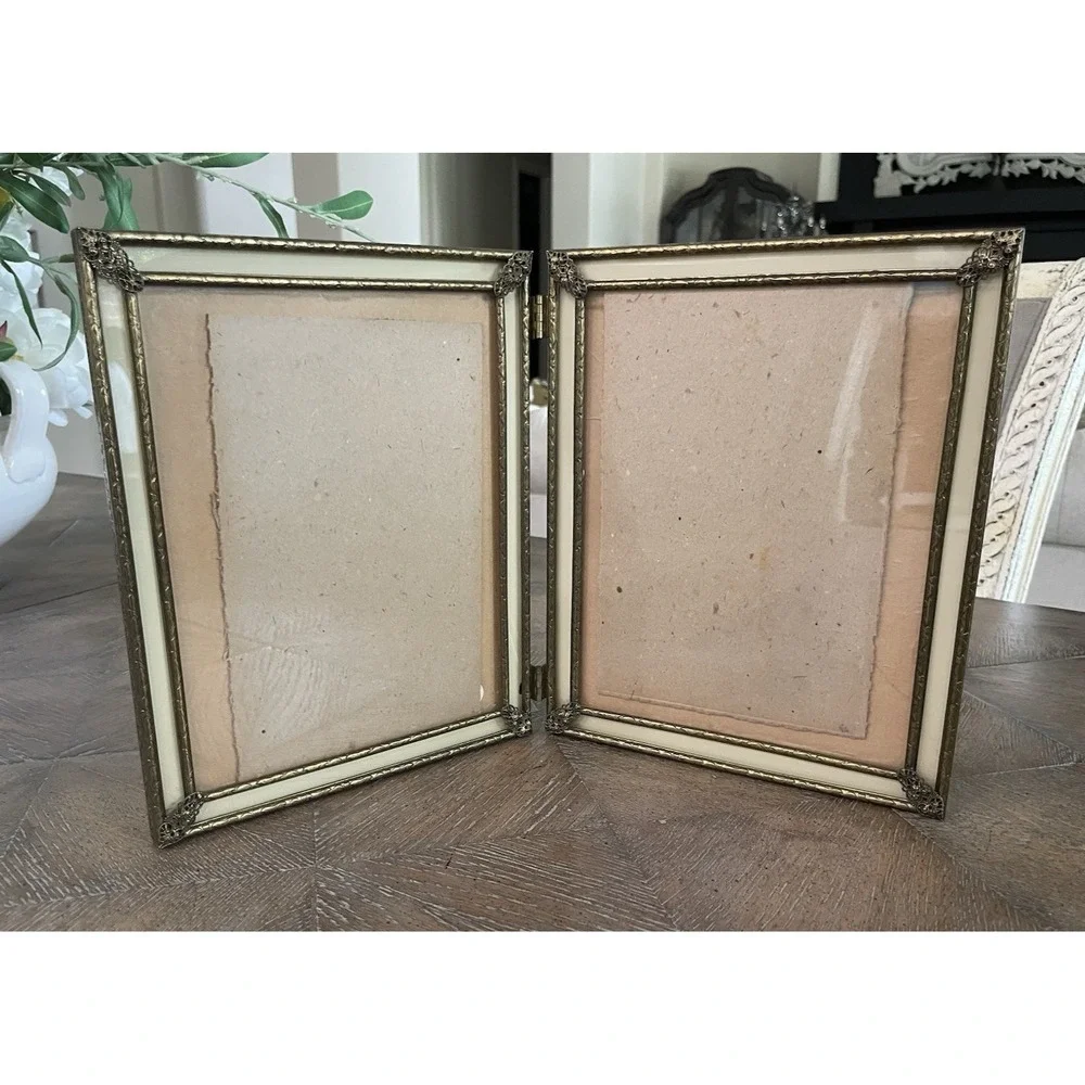 Vtg MCM  Bifold Hinged Double Boarder Picture Frame 8x10 Ornate Gold Tone Metal